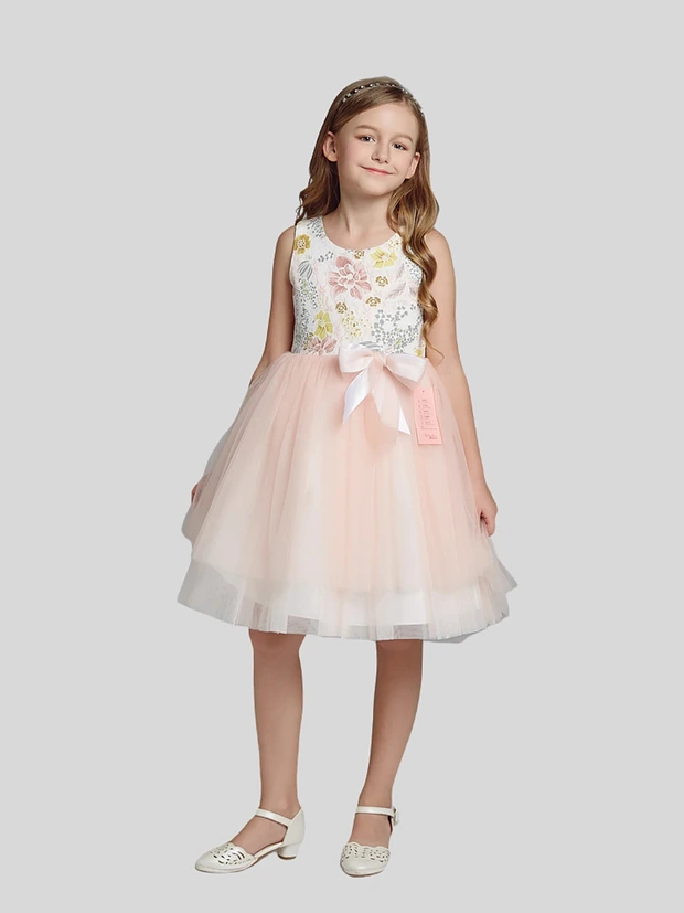 Ava Flower Patterned Flower Girl Dress with Blush Pink Skirt