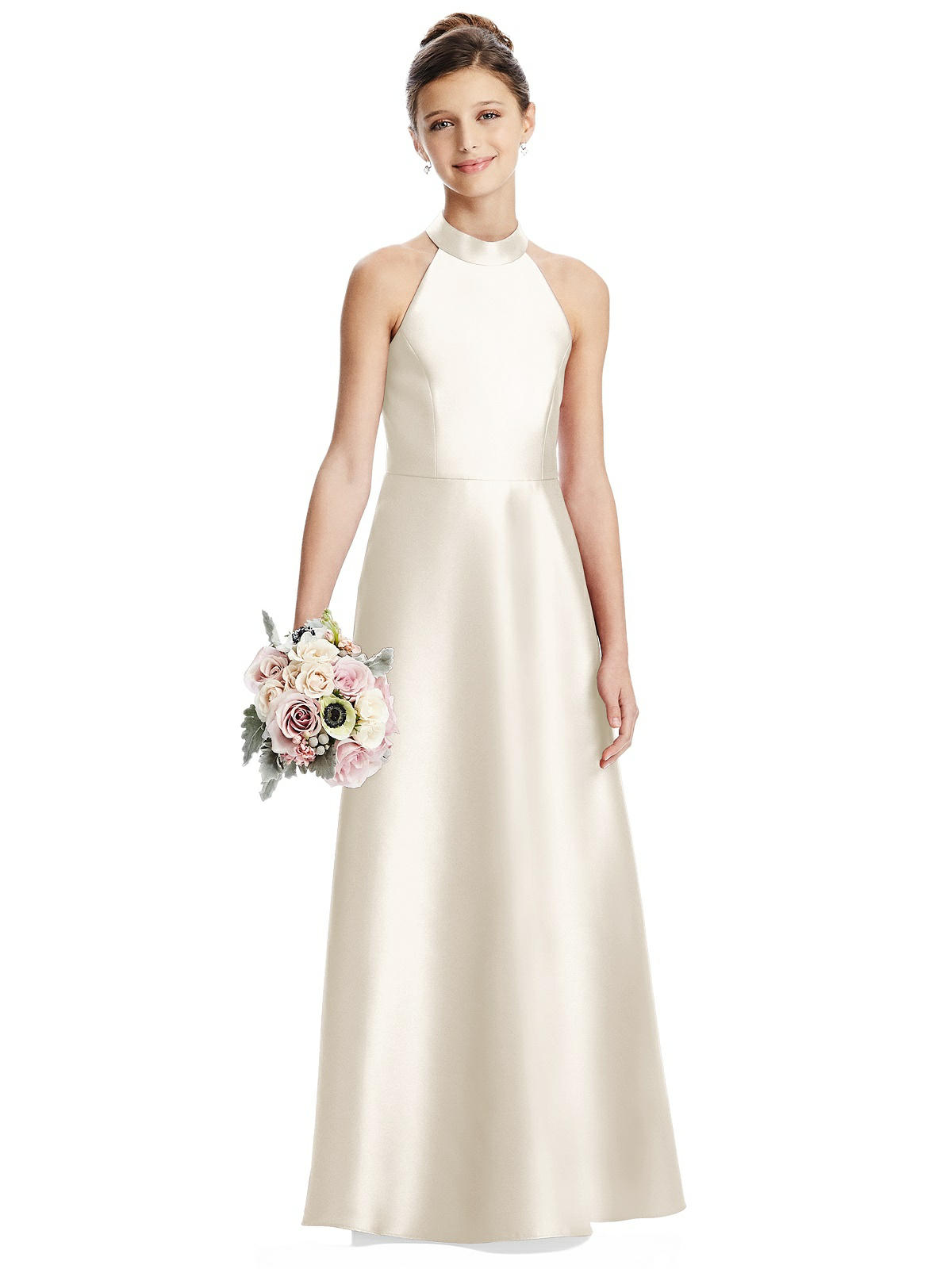 Ivory Satin Twill Halter Neck Junior Bridesmaids Dress