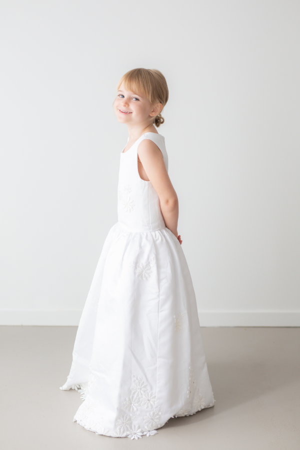 Reese White Floral Embroidered Satin Flower Girl Dress by Talia Sarah Reese White Floral Embroidered Satin Flower Girl Dress by Talia Sarah