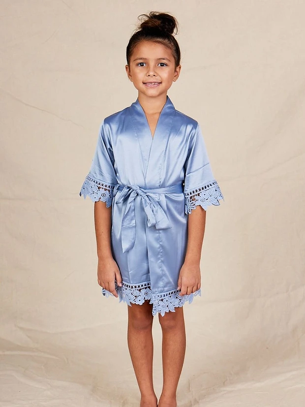 Ella Lace Satin Kids Robe Flower Girls Only Dusty Blue