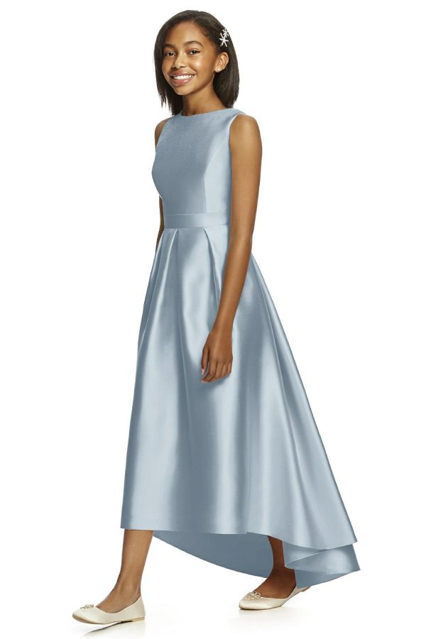 Mist Blue Satin High-Low Pleated Junior Bridesmaids Dress