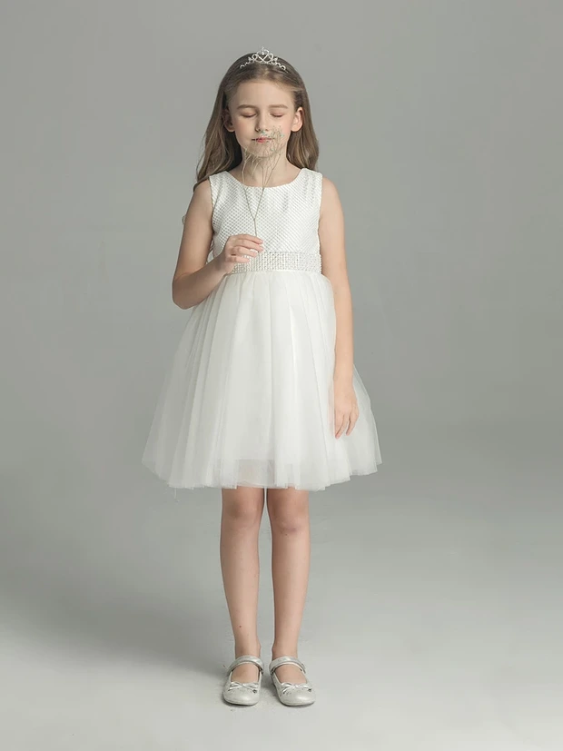 Katie White Pearl Flower Girl Dress