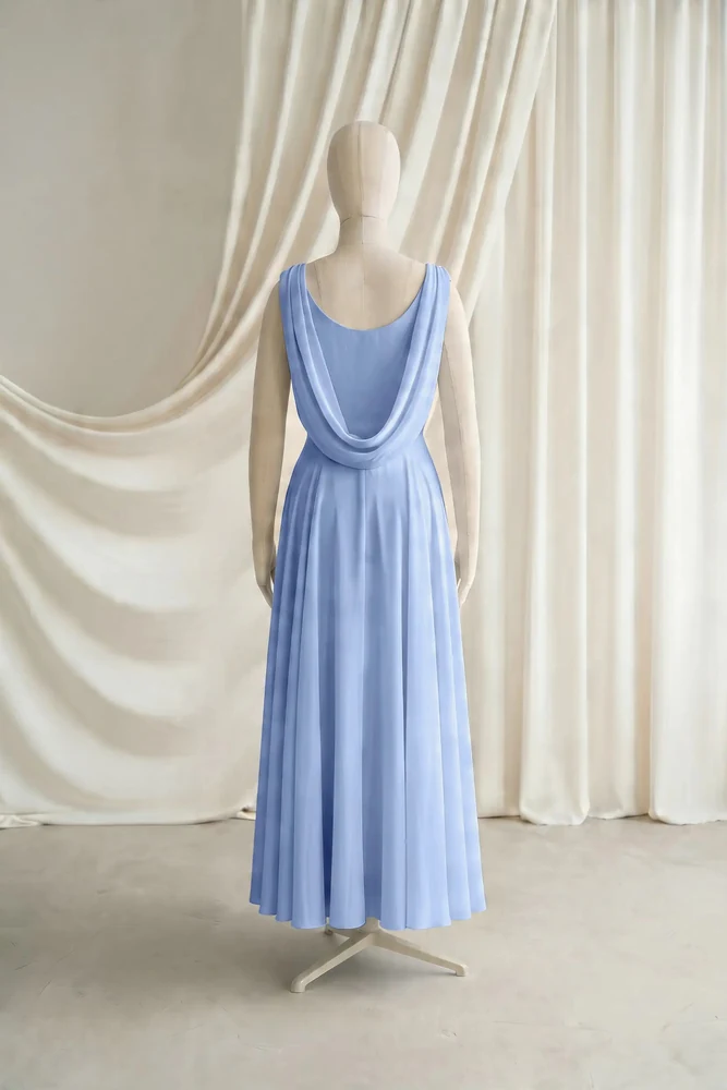 Athena Blue Chiffon Junior Bridesmaid Dress by TH&TH — Dusty Blue, back Athena Blue Chiffon Junior Bridesmaid Dress by TH&TH — Dusty Blue, back