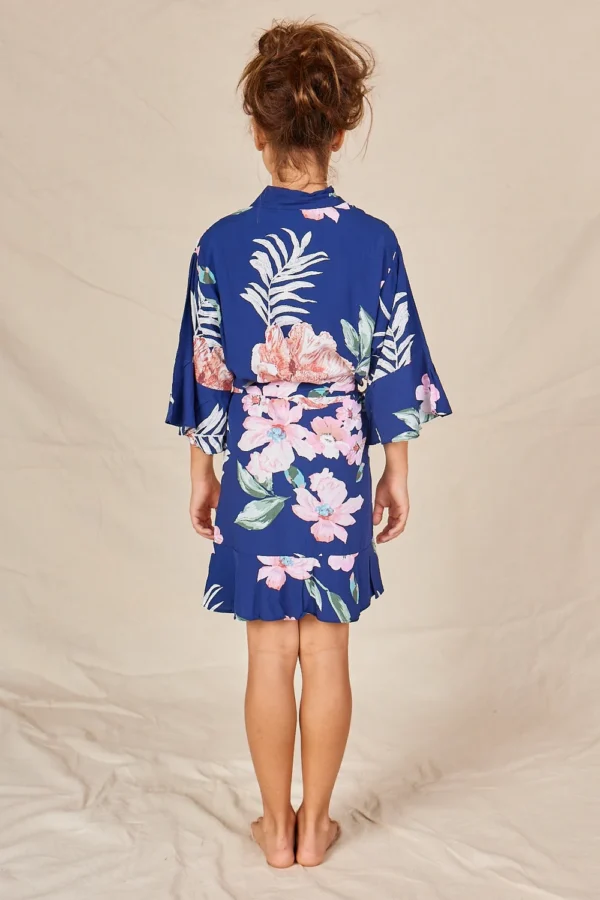 Eden Navy Floral Satin Flower Girl Robe Eden Navy Floral Satin Flower Girl Robe — Back view