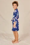 Eden Navy Floral Satin Flower Girl Robe — Side view