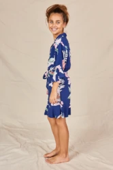 Eden Navy Floral Satin Flower Girl Robe — Side view