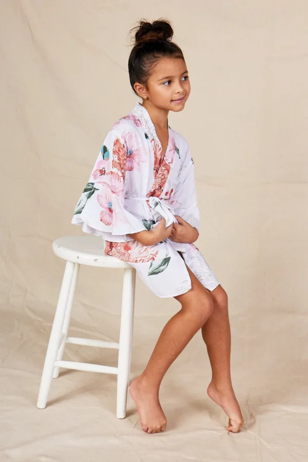 Eden White Floral Satin Flower Girl Robe Eden White Floral Satin Flower Girl Robe — Seated view