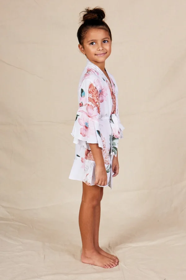 Eden White Floral Satin Flower Girl Robe Eden White Floral Satin Flower Girl Robe — Side view