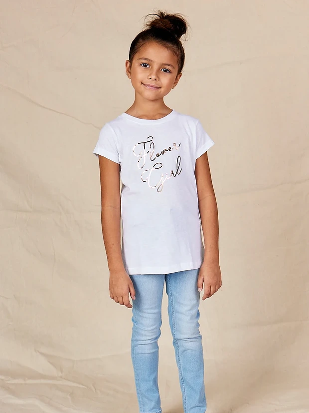 Flower Girl White Cotton T-Shirt with Rose Gold Foil