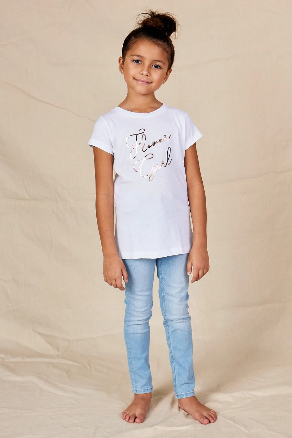 Flower Girl White Cotton T-Shirt with Rose Gold Foil