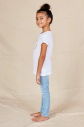 Side view of the flower girl white cotton t-shirt showing the short turned-back sleeve cuff