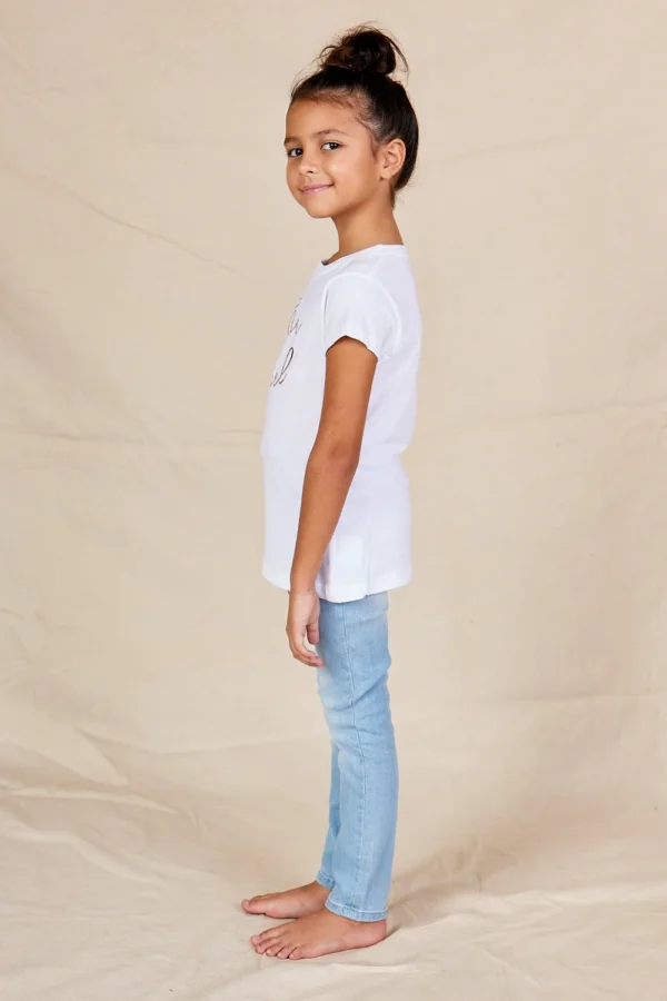 Side — Flower Girl White Cotton T-Shirt with Rose Gold Foil Side view of the flower girl white cotton t-shirt showing the short turned-back sleeve cuff
