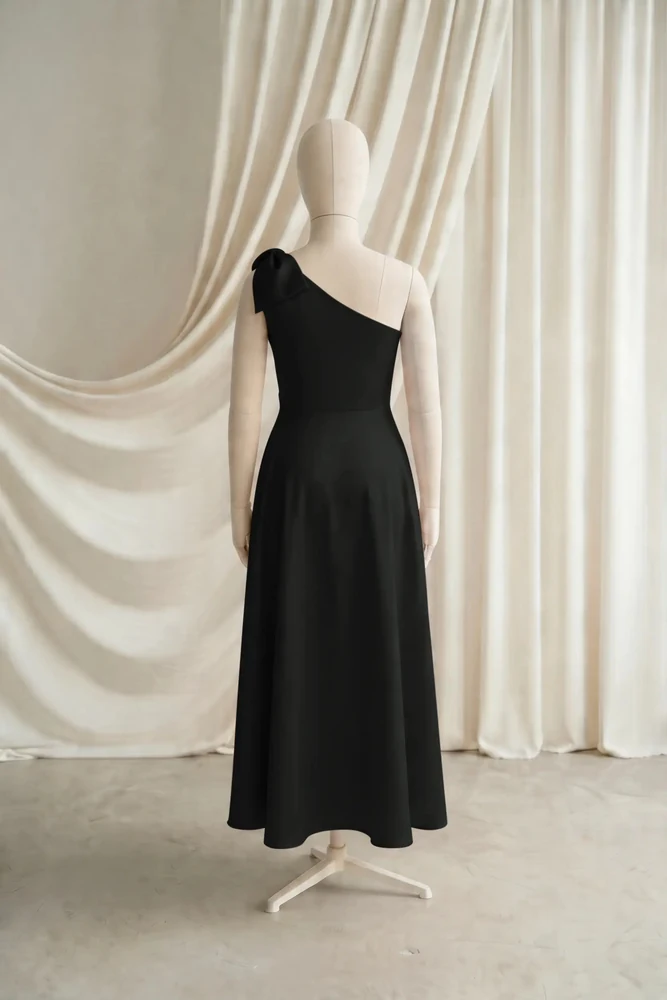 Mara Black Satin Junior Bridesmaid Dress by TH&TH — Black, back Mara Black Satin Junior Bridesmaid Dress by TH&TH — Black, back