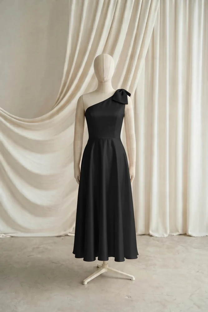 Mara Black Satin Junior Bridesmaid Dress by TH&TH — Black, front Mara Black Satin Junior Bridesmaid Dress by TH&TH — Black, front