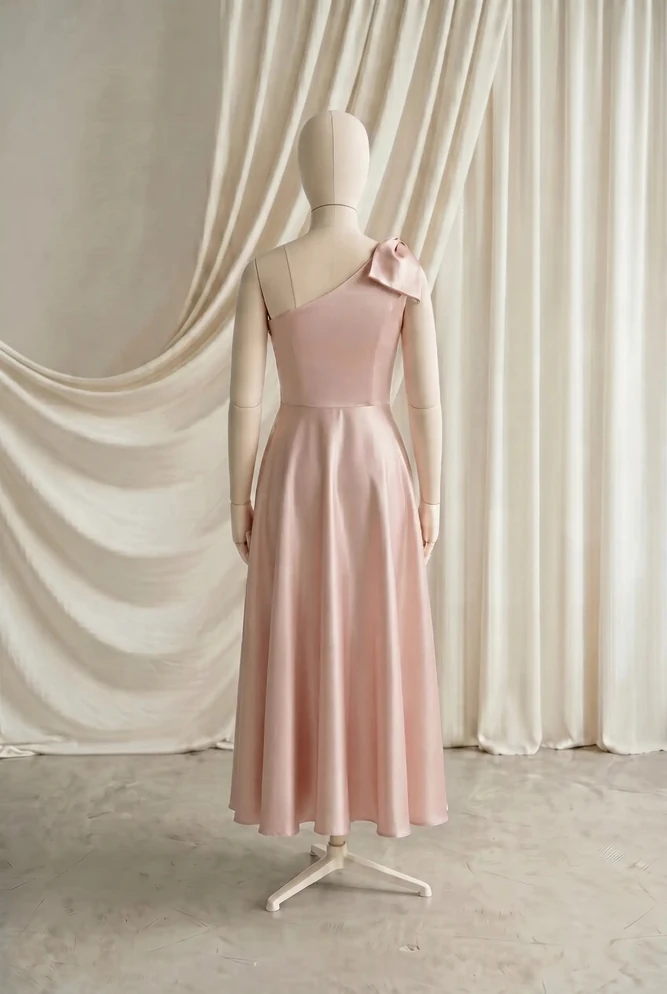 Mara Pink Satin Junior Bridesmaid Dress by TH&TH — Blush Pink, back Mara Pink Satin Junior Bridesmaid Dress by TH&TH — Blush Pink, back