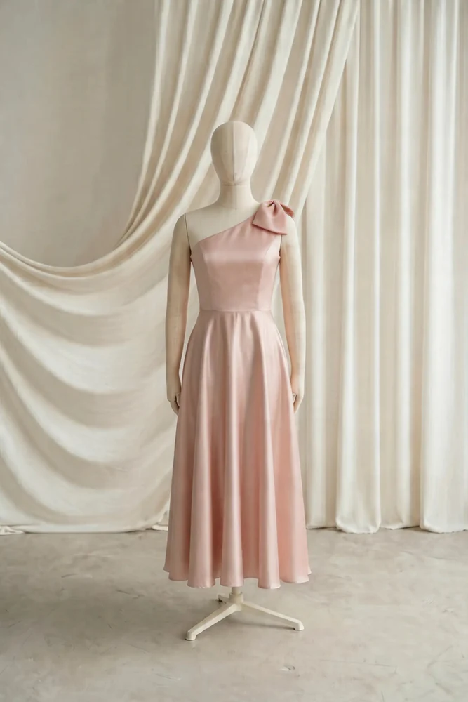Mara Pink Satin Junior Bridesmaid Dress by TH&TH — Blush Pink, front Mara Pink Satin Junior Bridesmaid Dress by TH&TH — Blush Pink, front