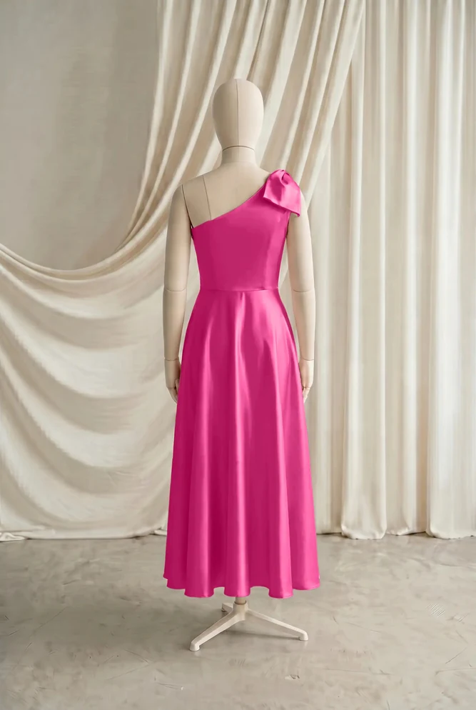 Mara Pink Satin Junior Bridesmaid Dress by TH&TH — Cerise, back Mara Pink Satin Junior Bridesmaid Dress by TH&TH — Cerise, back