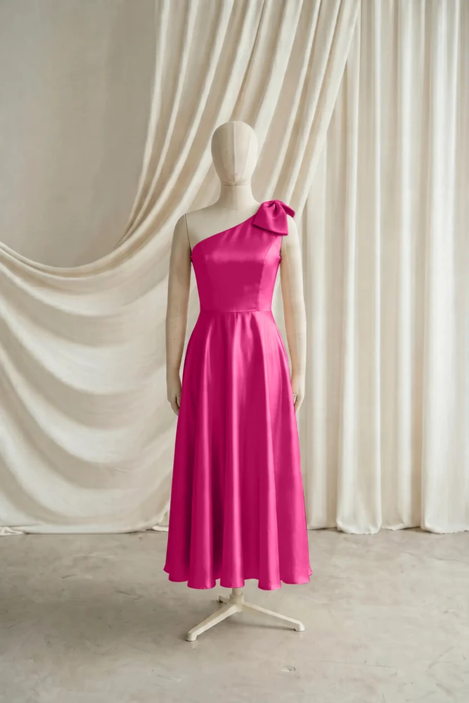 Mara Pink Satin Junior Bridesmaid Dress by TH&TH — Cerise, front Mara Pink Satin Junior Bridesmaid Dress by TH&TH — Cerise, front