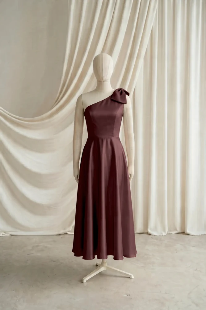 Mara Brown Satin Junior Bridesmaid Dress by TH&TH — Chocolate, front Mara Brown Satin Junior Bridesmaid Dress by TH&TH — Chocolate, front