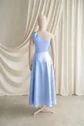 Mara Blue Satin Junior Bridesmaid Dress by TH&TH — Dusty Blue, back