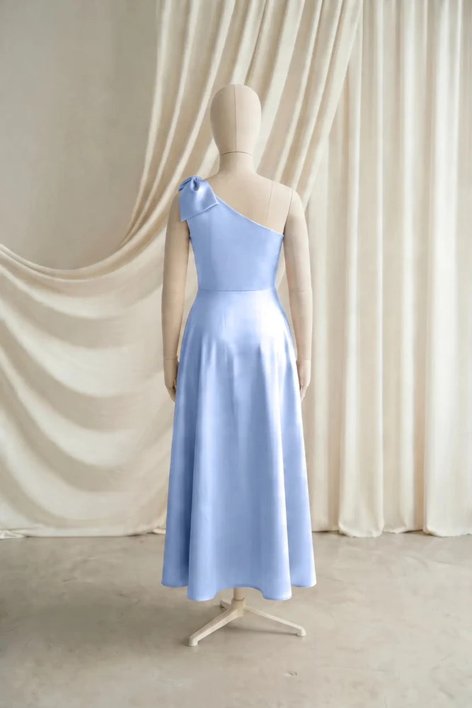 Mara Blue Satin Junior Bridesmaid Dress by TH&TH — Dusty Blue, back Mara Blue Satin Junior Bridesmaid Dress by TH&TH — Dusty Blue, back