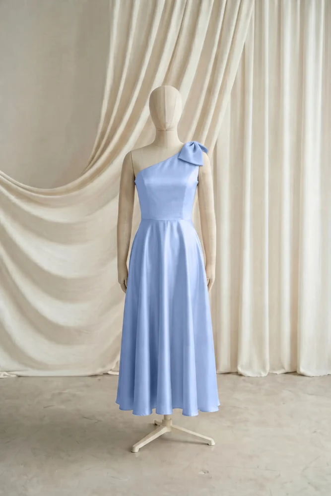 Mara Blue Satin Junior Bridesmaid Dress by TH&TH — Dusty Blue, front Mara Blue Satin Junior Bridesmaid Dress by TH&TH — Dusty Blue, front