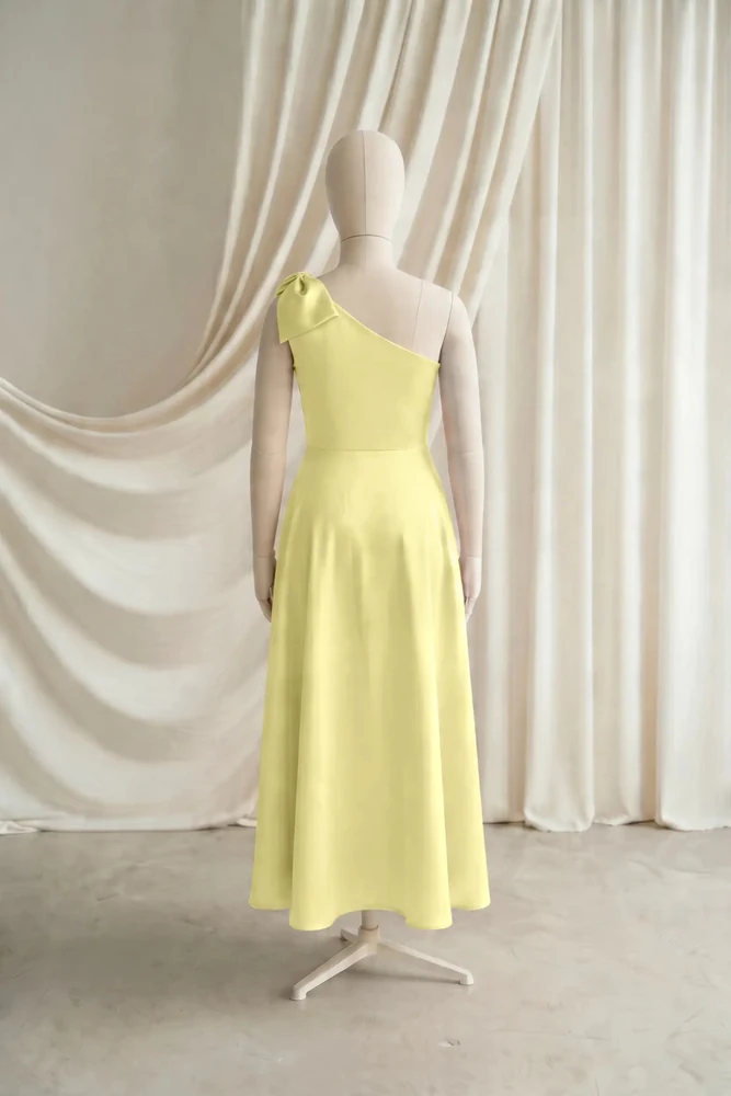 Mara Yellow Satin Junior Bridesmaid Dress by TH&TH — Limoncello, back Mara Yellow Satin Junior Bridesmaid Dress by TH&TH — Limoncello, back