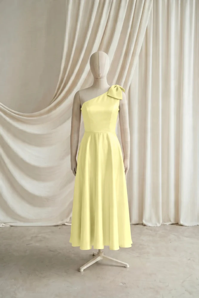 Mara Yellow Satin Junior Bridesmaid Dress by TH&TH — Limoncello, front Mara Yellow Satin Junior Bridesmaid Dress by TH&TH — Limoncello, front