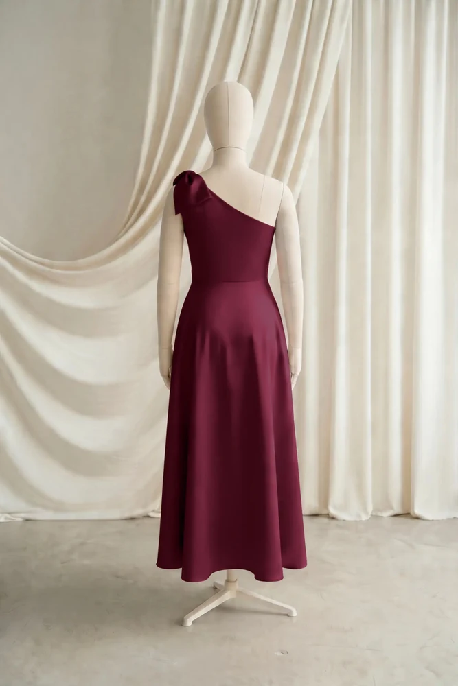 Mara Burgundy Satin Junior Bridesmaid Dress by TH&TH — Merlot, back Mara Burgundy Satin Junior Bridesmaid Dress by TH&TH — Merlot, back