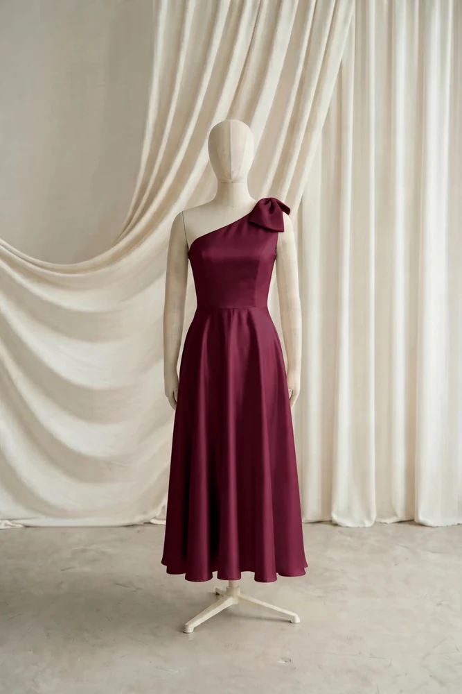 Mara Burgundy Satin Junior Bridesmaid Dress by TH&TH — Merlot, front Mara Burgundy Satin Junior Bridesmaid Dress by TH&TH — Merlot, front