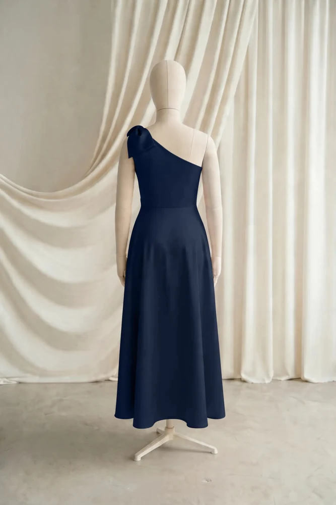 Mara Navy Satin Junior Bridesmaid Dress by TH&TH — Navy, back Mara Navy Satin Junior Bridesmaid Dress by TH&TH — Navy, back