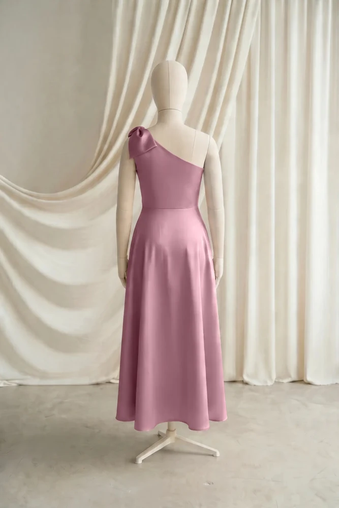 Mara Pink Satin Junior Bridesmaid Dress by TH&TH — Rose Pink, back Mara Pink Satin Junior Bridesmaid Dress by TH&TH — Rose Pink, back