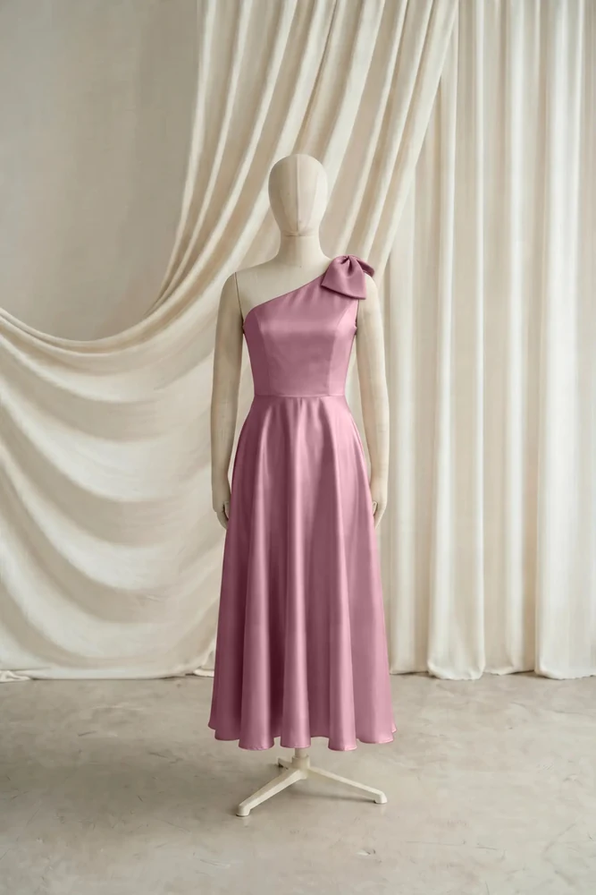 Mara Pink Satin Junior Bridesmaid Dress by TH&TH — Rose Pink, front Mara Pink Satin Junior Bridesmaid Dress by TH&TH — Rose Pink, front