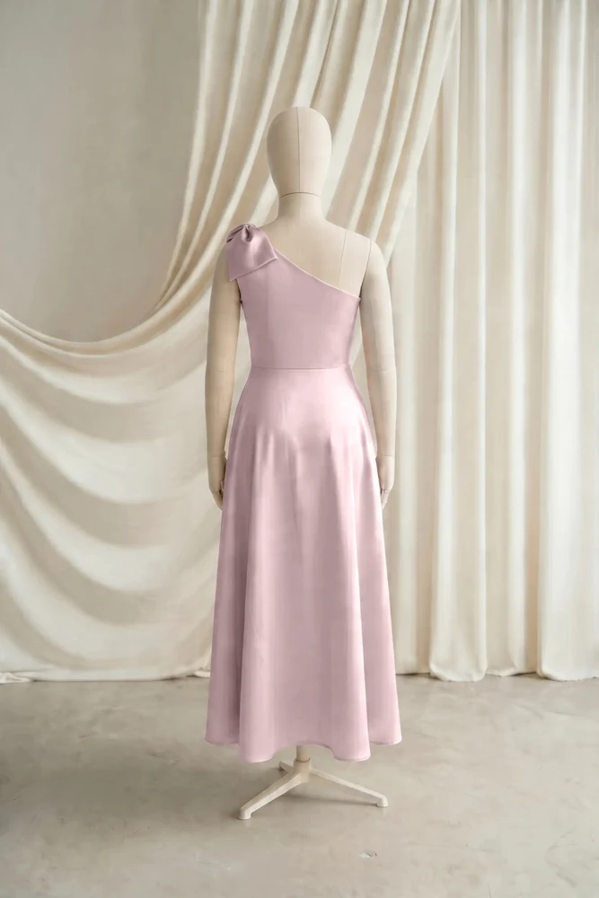 Mara Pink Satin Junior Bridesmaid Dress by TH&TH — Smoked Blush, back Mara Pink Satin Junior Bridesmaid Dress by TH&TH — Smoked Blush, back