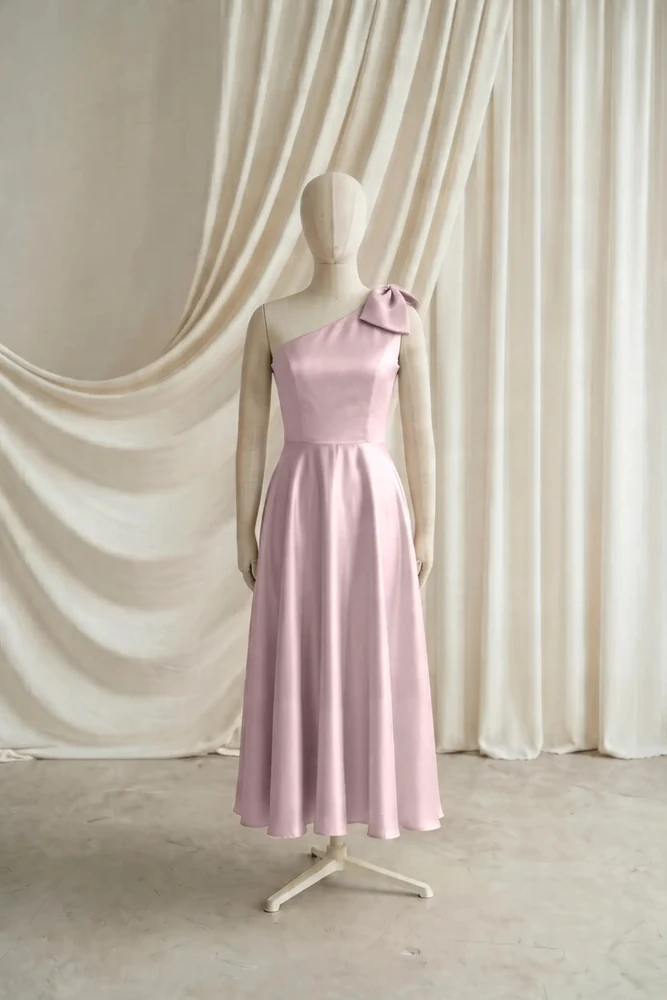 Mara Pink Satin Junior Bridesmaid Dress by TH&TH — Smoked Blush, front Mara Pink Satin Junior Bridesmaid Dress by TH&TH — Smoked Blush, front