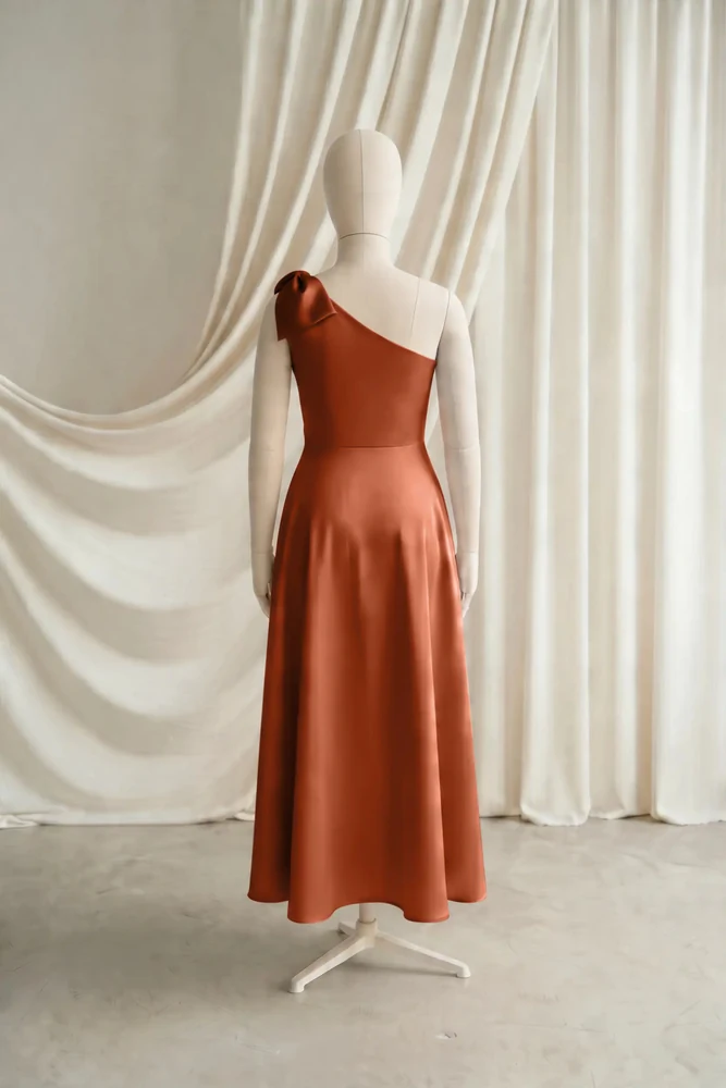 Mara Orange Satin Junior Bridesmaid Dress by TH&TH — Terracotta, back Mara Orange Satin Junior Bridesmaid Dress by TH&TH — Terracotta, back