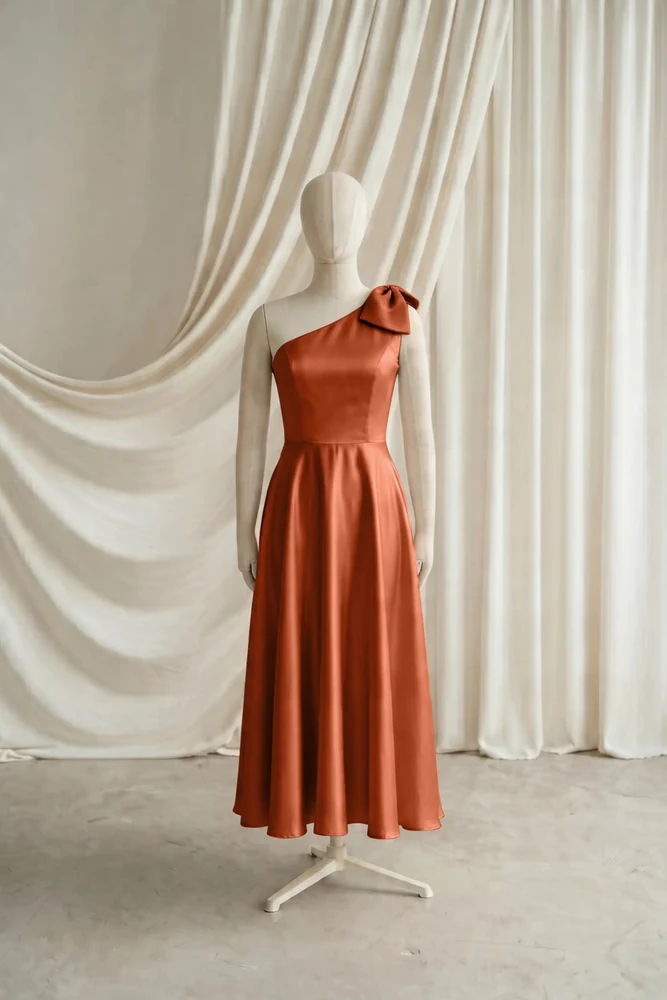 Mara Orange Satin Junior Bridesmaid Dress by TH&TH — Terracotta, front Mara Orange Satin Junior Bridesmaid Dress by TH&TH — Terracotta, front