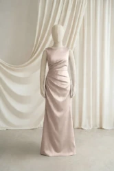 Nala Champagne Satin Junior Bridesmaid Dress by TH&TH — Champagne Sky, front