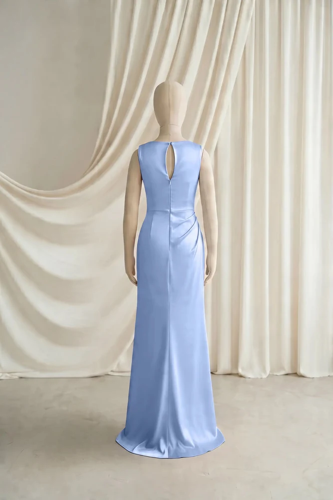 Nala Blue Satin Junior Bridesmaid Dress by TH&TH — Dusty Blue, back Nala Blue Satin Junior Bridesmaid Dress by TH&TH — Dusty Blue, back