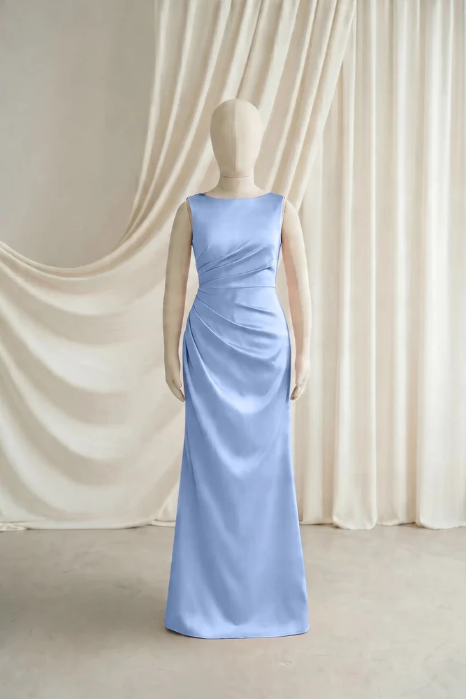 Nala Blue Satin Junior Bridesmaid Dress by TH&TH — Dusty Blue, front Nala Blue Satin Junior Bridesmaid Dress by TH&TH — Dusty Blue, front