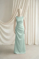 Nala junior bridesmaid dress in Dusty Eucalyptus satin by TH&TH — front