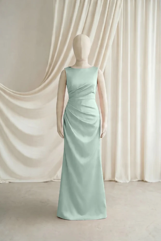 nala-dusty-eucalyptus-satin-junior-bridesmaid-dress-thth-front Nala junior bridesmaid dress in Dusty Eucalyptus satin by TH&TH — front