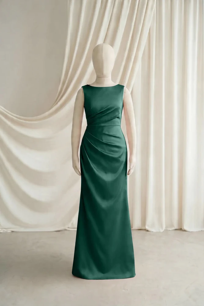 nala-forest-green-satin-junior-bridesmaid-dress-thth-front Nala junior bridesmaid dress in Forest Green satin by TH&TH — front