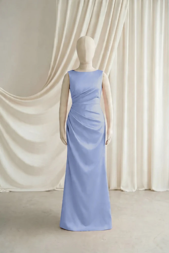 Nala Blue Satin Junior Bridesmaid Dress by TH&TH — French Blue, front Nala Blue Satin Junior Bridesmaid Dress by TH&TH — French Blue, front