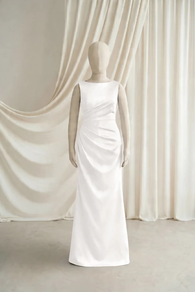 Nala Neutral Satin Junior Bridesmaid Dress by TH&TH — Ivory, front Nala Neutral Satin Junior Bridesmaid Dress by TH&TH — Ivory, front