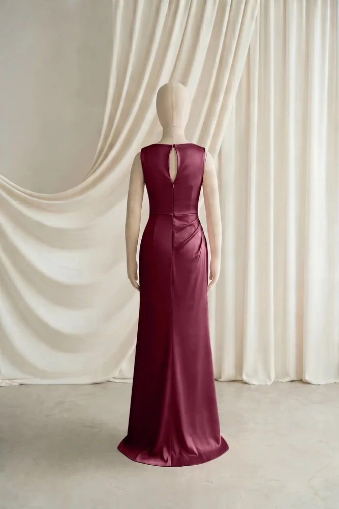 Nala Burgundy Satin Junior Bridesmaid Dress by TH&TH — Merlot, back Nala Burgundy Satin Junior Bridesmaid Dress by TH&TH — Merlot, back