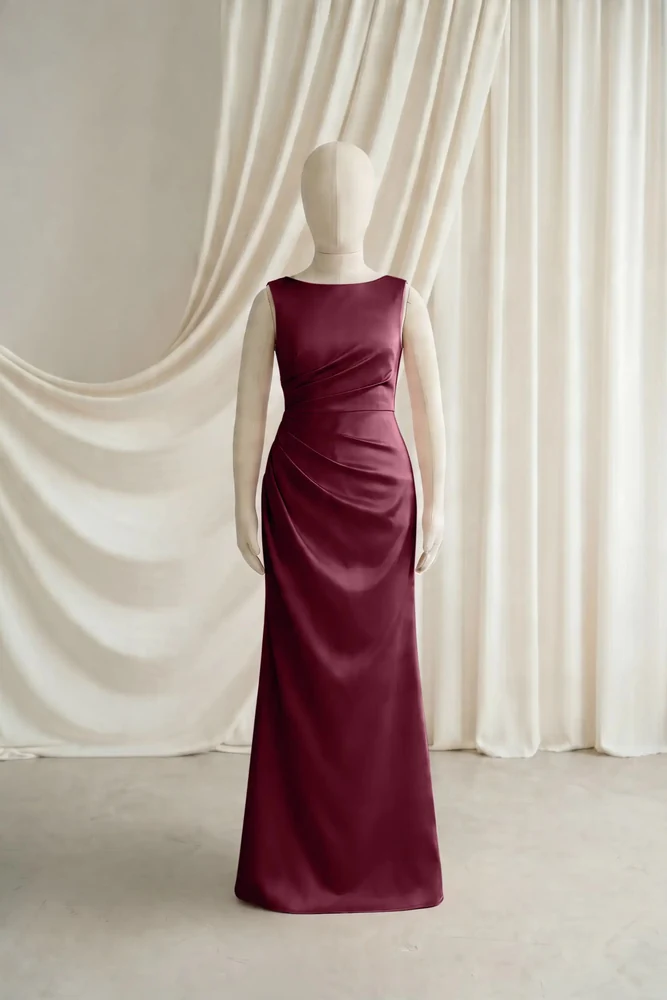 Nala Burgundy Satin Junior Bridesmaid Dress by TH&TH — Merlot, front Nala Burgundy Satin Junior Bridesmaid Dress by TH&TH — Merlot, front