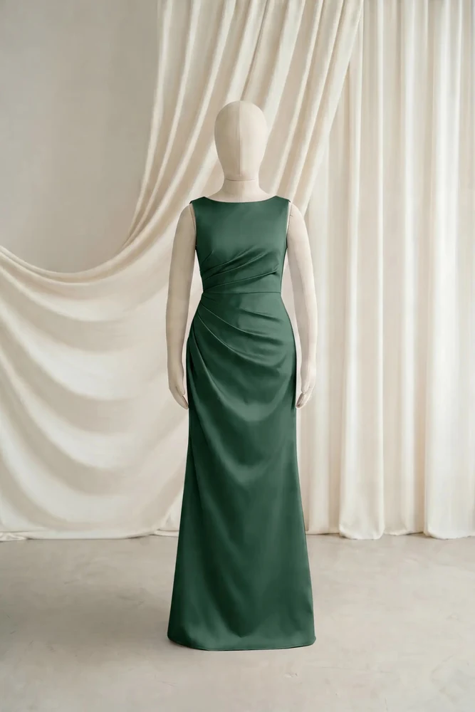 nala-olive-grove-satin-junior-bridesmaid-dress-thth-front Nala junior bridesmaid dress in Olive Grove satin by TH&TH — front