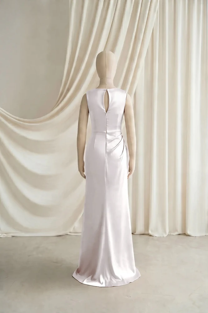 Nala Neutral Satin Junior Bridesmaid Dress by TH&TH — Oyster, back Nala Neutral Satin Junior Bridesmaid Dress by TH&TH — Oyster, back