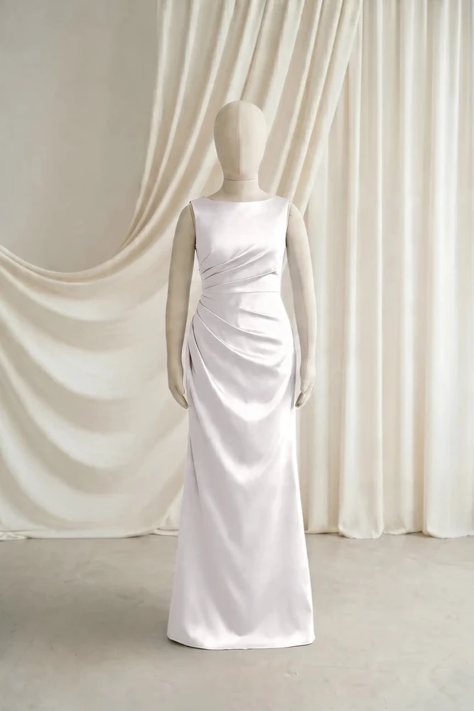 Nala Neutral Satin Junior Bridesmaid Dress by TH&TH — Oyster, front Nala Neutral Satin Junior Bridesmaid Dress by TH&TH — Oyster, front